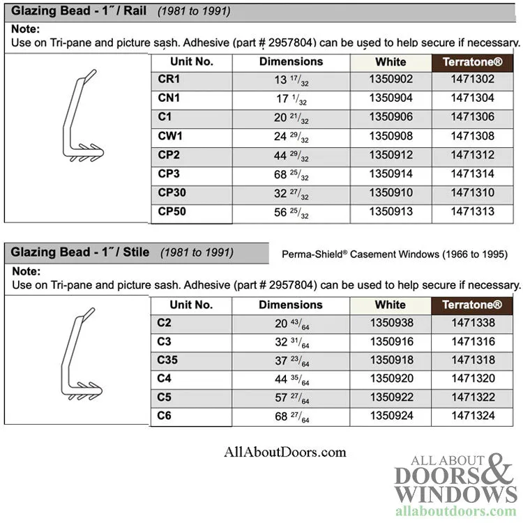 Andersen Casement and Picture window vinyl bead for  1" insulated glass 32-31/64"- Terratone