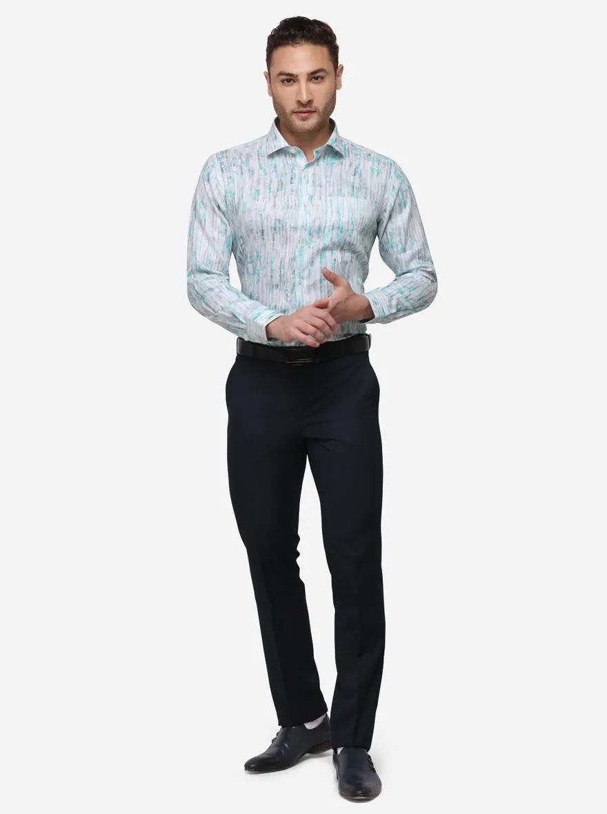 Aqua Blue & White Printed Slim Fit Formal Shirt | JadeBlue