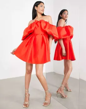 ASOS Red Puff Sleeve Mini Dress With Full Skirt