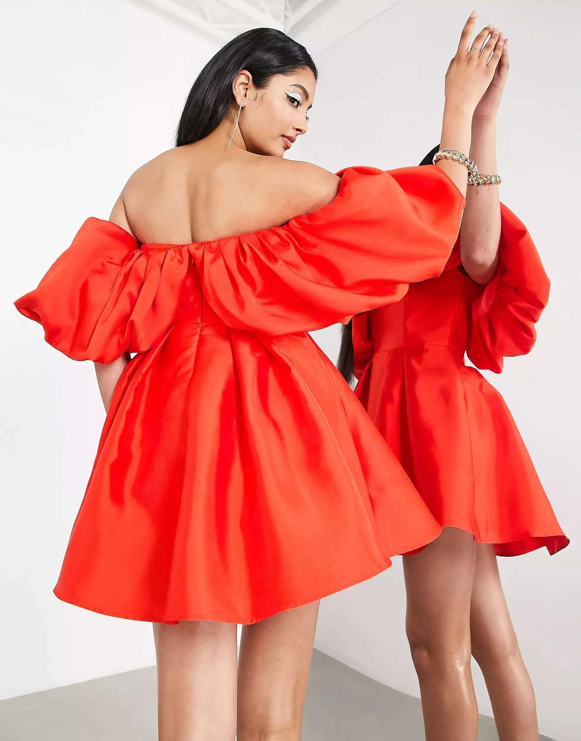 ASOS Red Puff Sleeve Mini Dress With Full Skirt