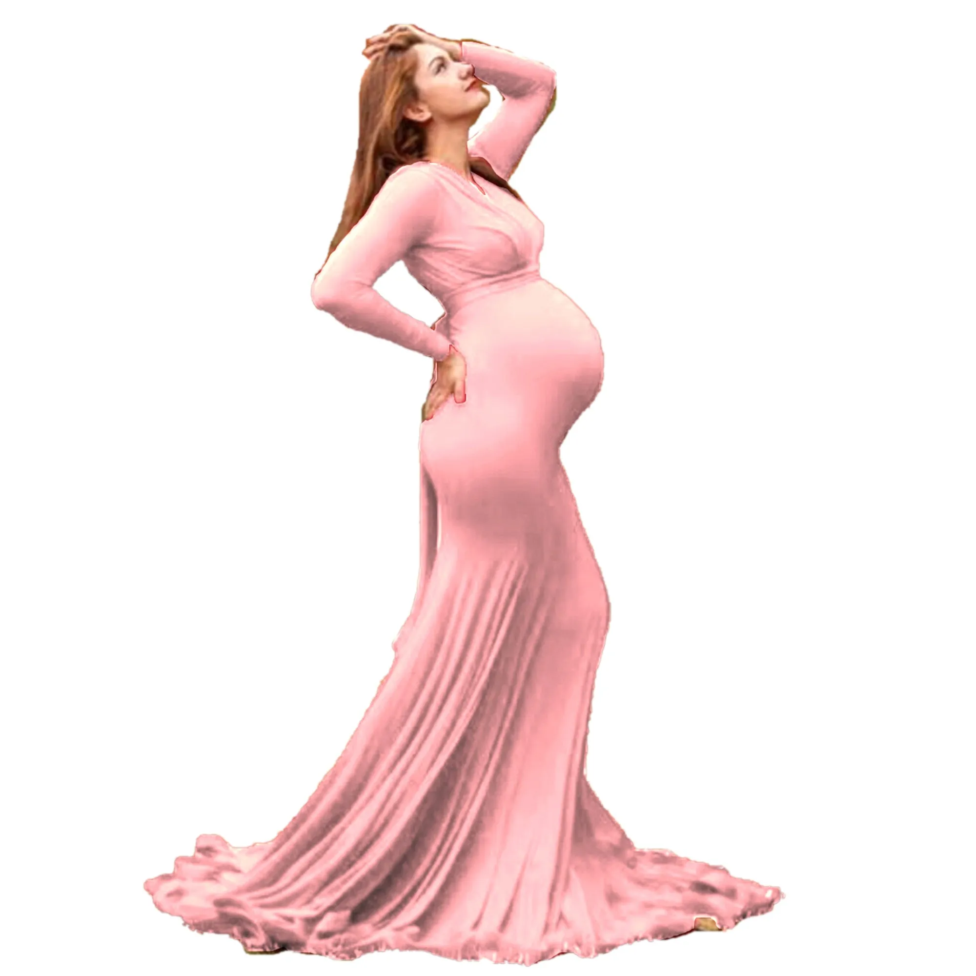 Babymoon V Neck Maternity Gown Dress - Pink