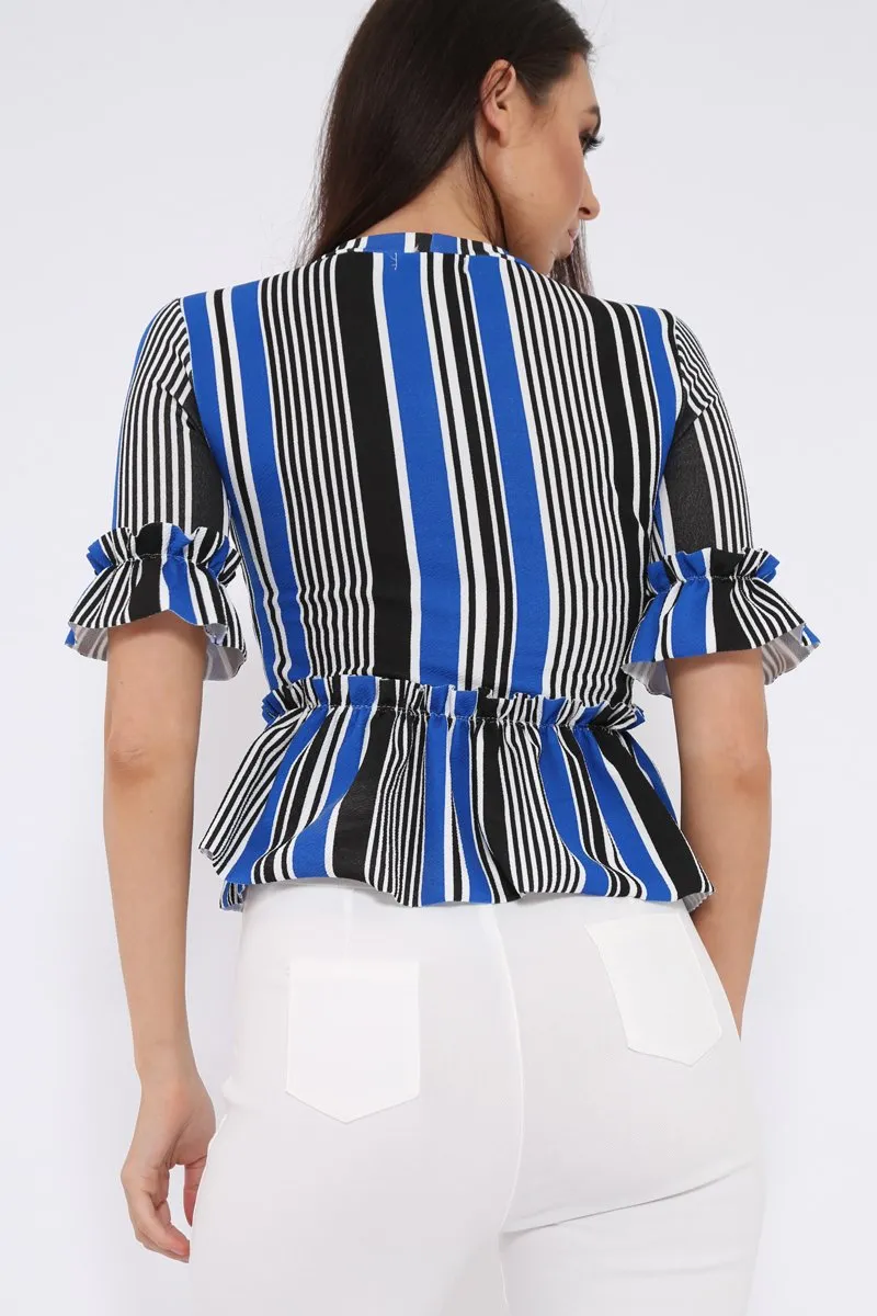 Black and Blue Stripe Ruffle Peplum Top - Kyriee