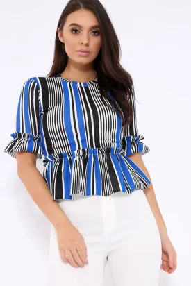 Black and Blue Stripe Ruffle Peplum Top - Kyriee