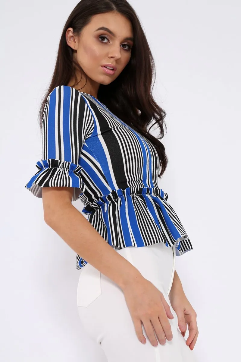 Black and Blue Stripe Ruffle Peplum Top - Kyriee