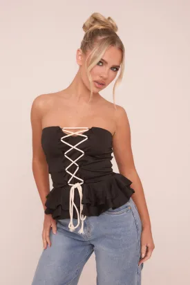 Black Bandeau Lace Up Detail Peplum Top - Kayley