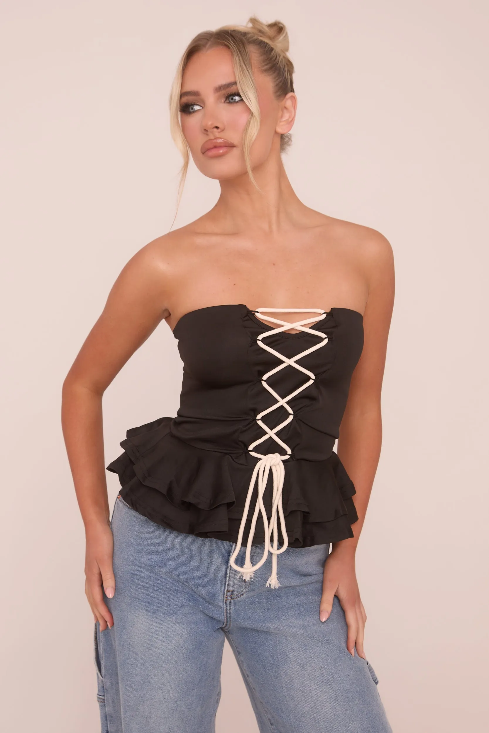 Black Bandeau Lace Up Detail Peplum Top - Kayley