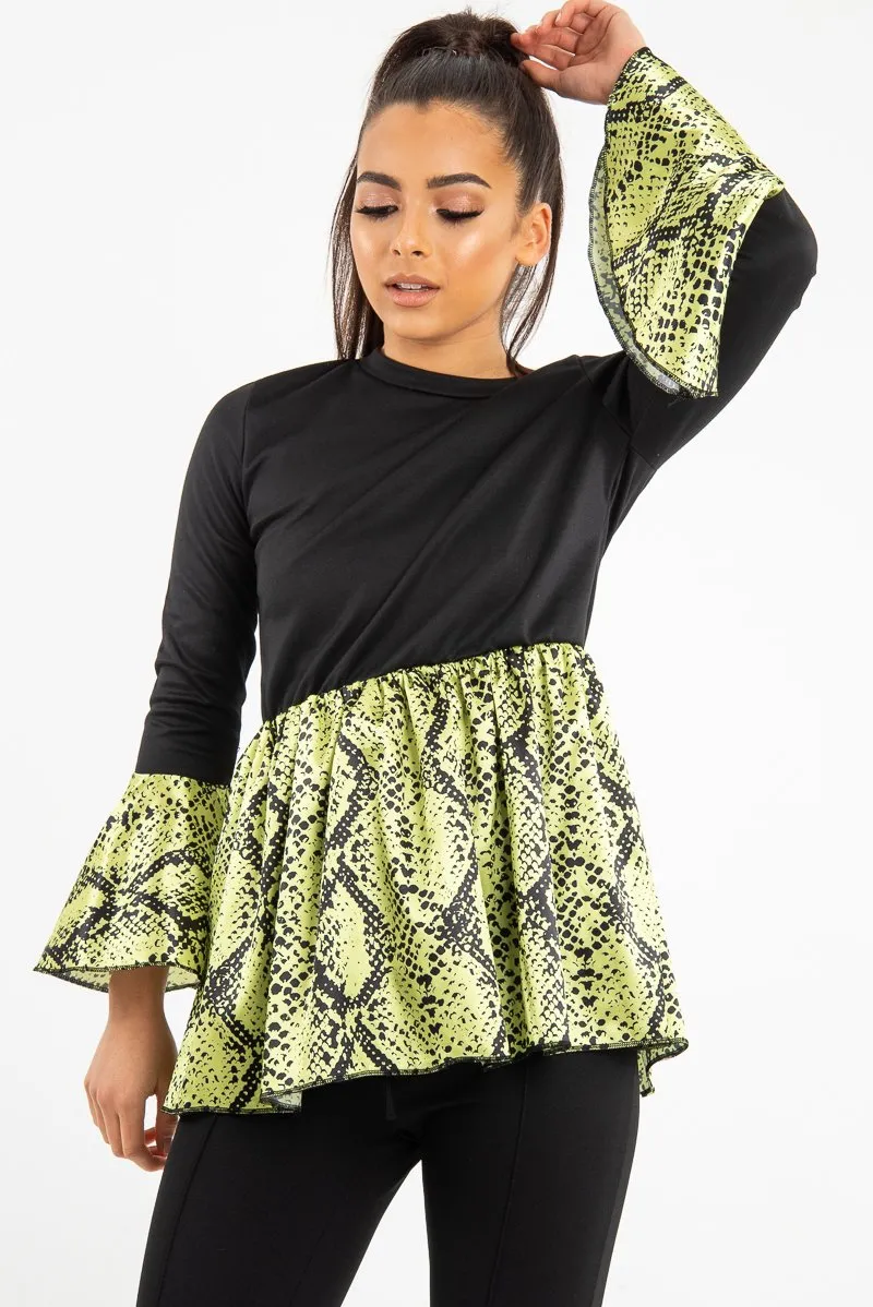 Black Lime Snake Print Flare Sleeve Peplum Top - Dhara