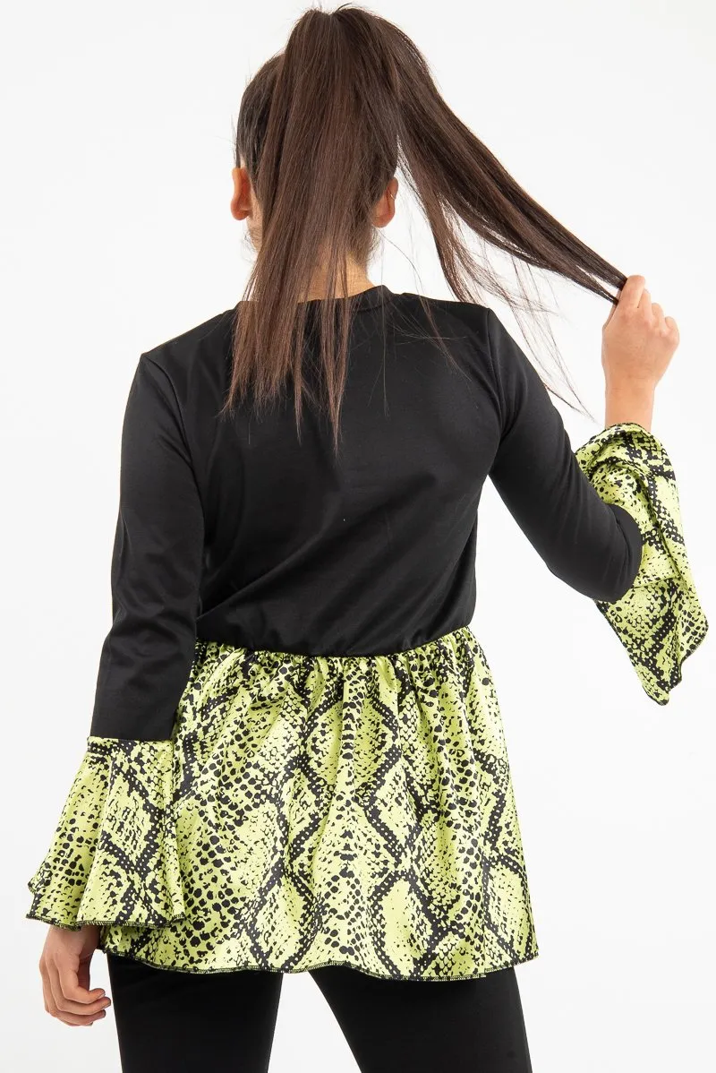 Black Lime Snake Print Flare Sleeve Peplum Top - Dhara