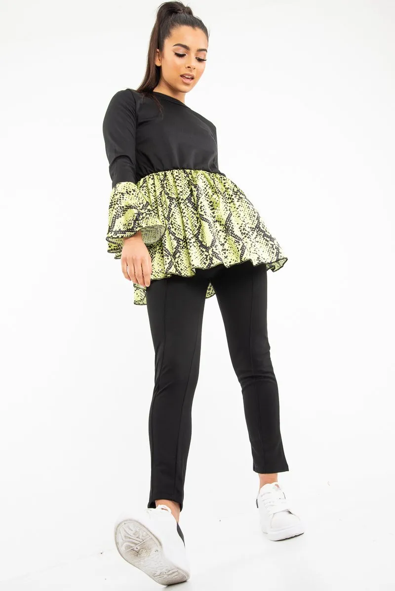 Black Lime Snake Print Flare Sleeve Peplum Top - Dhara