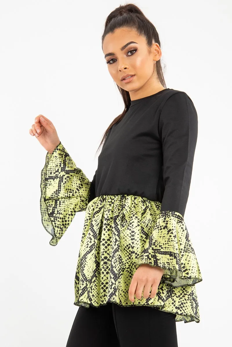 Black Lime Snake Print Flare Sleeve Peplum Top - Dhara