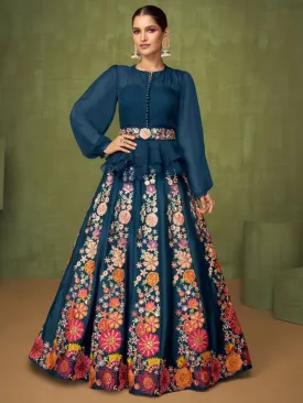 Blue Georgette Partywear Peplum Suit