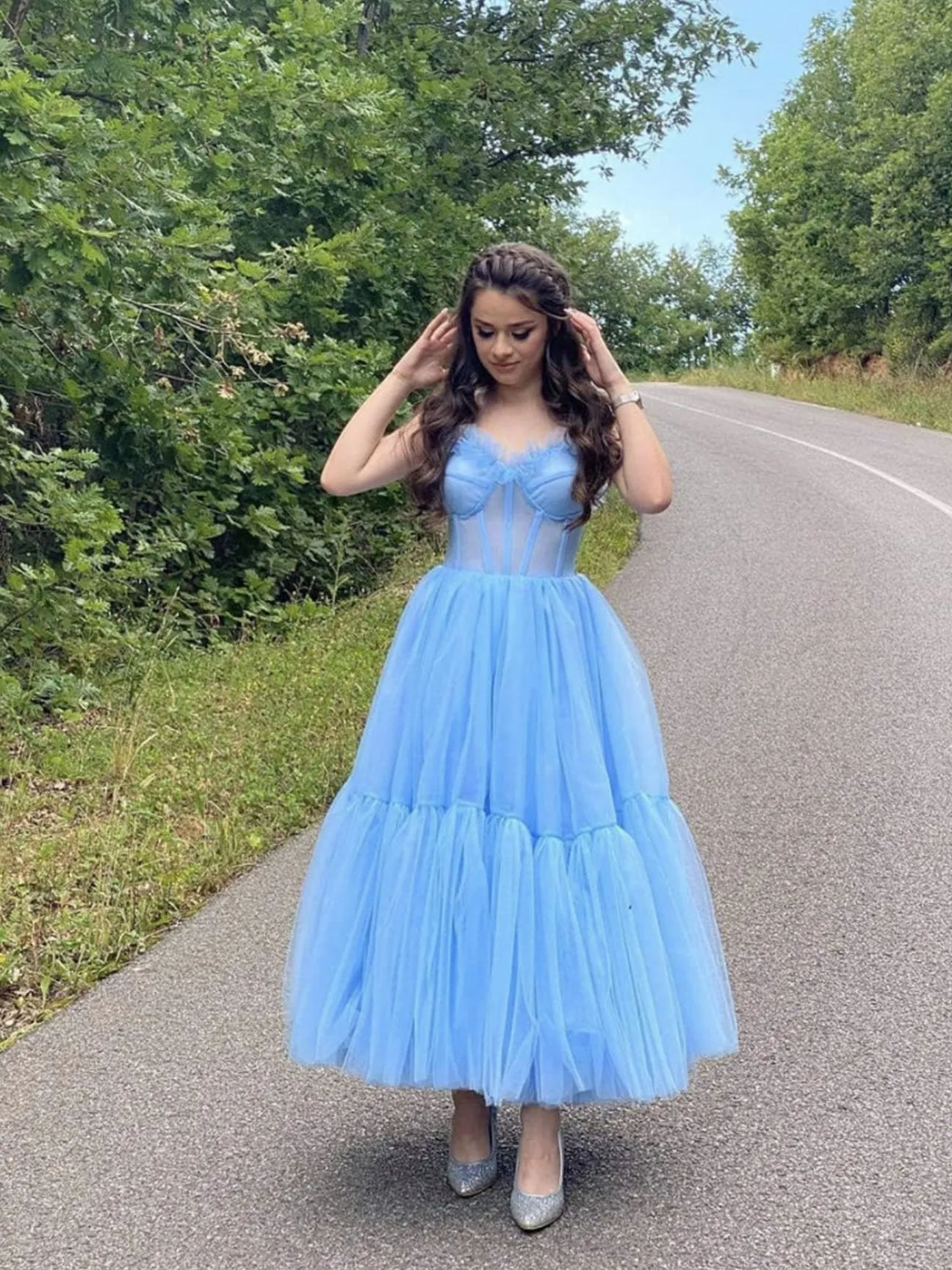 Blue sweetheart neck tulle tea length prom dress, blue homecoming dress