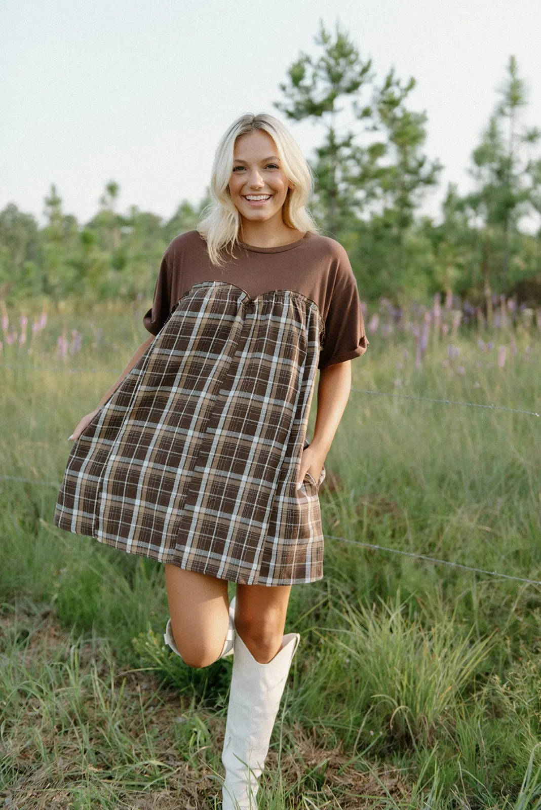 Brown Plaid Contrast Babydoll Dress