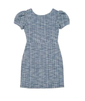 By Debra Girls Navy Plaid Puff Sleeve Sheath Dress