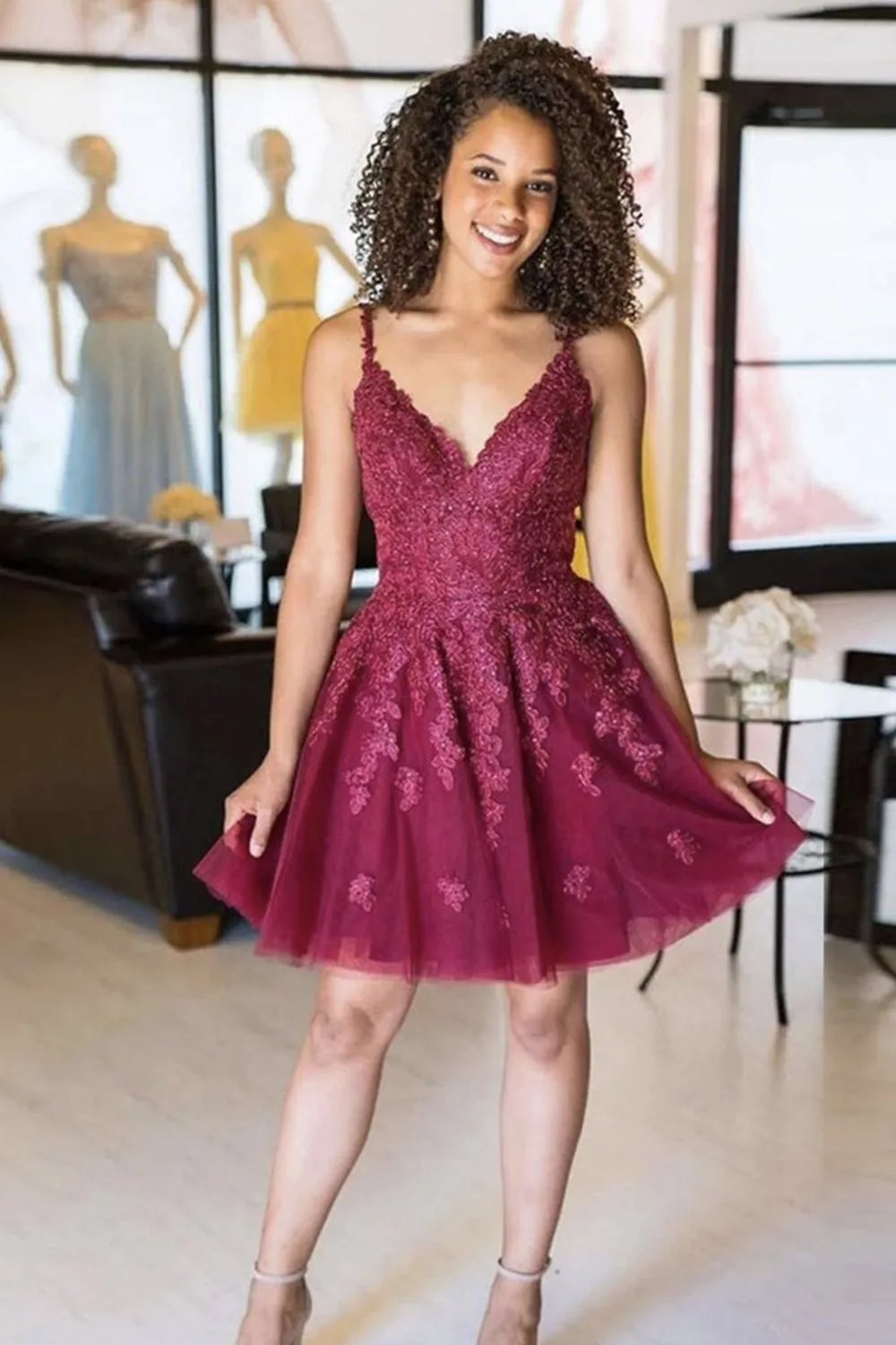 Cute V Neck Backless Burgundy Lace Short Prom Dress, Burgundy Lace Homecoming Dress, Burgundy Formal Graduation Evening Dress