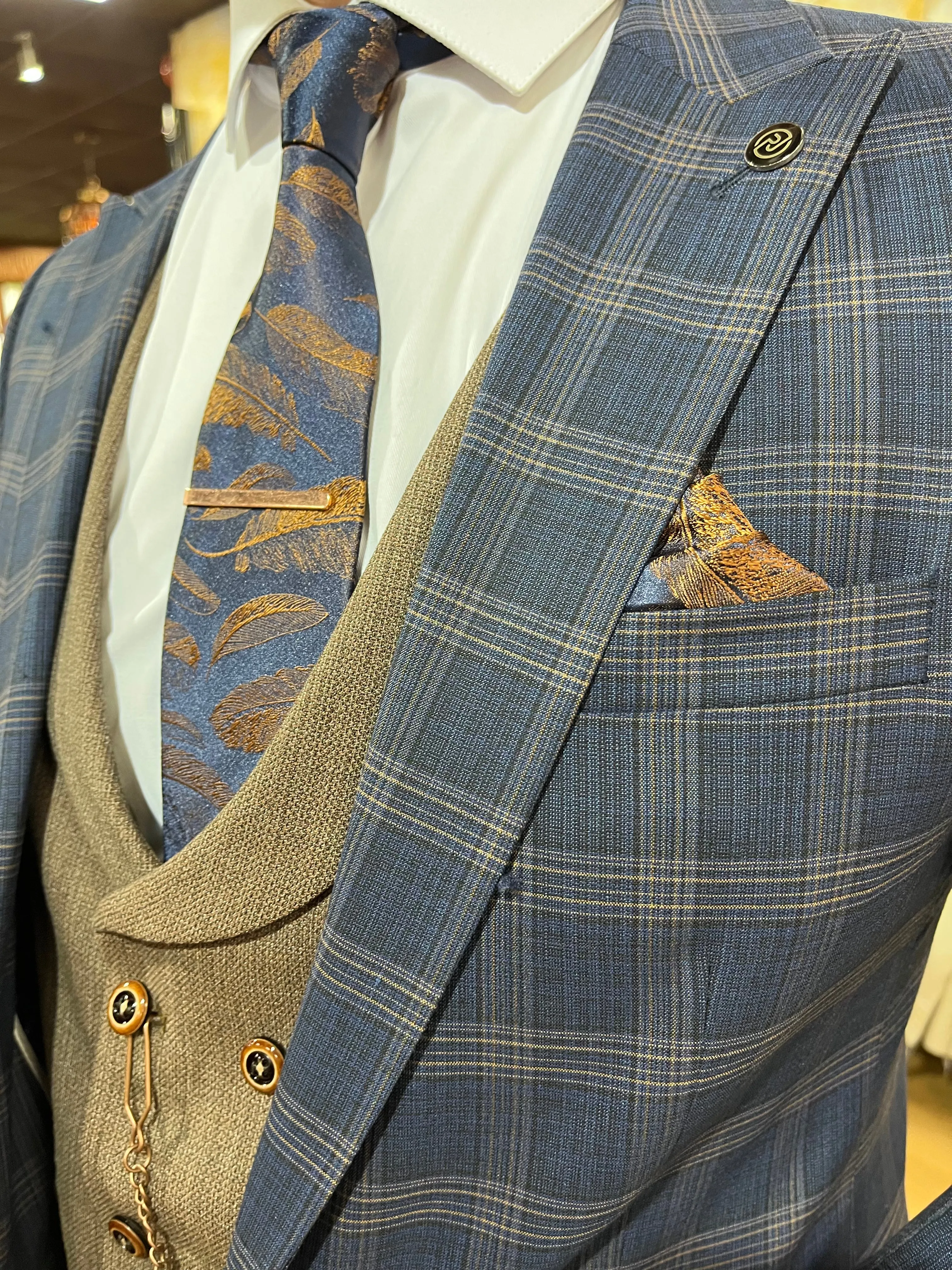 Da Vinci - Navy/Brown 3 Piece Suit