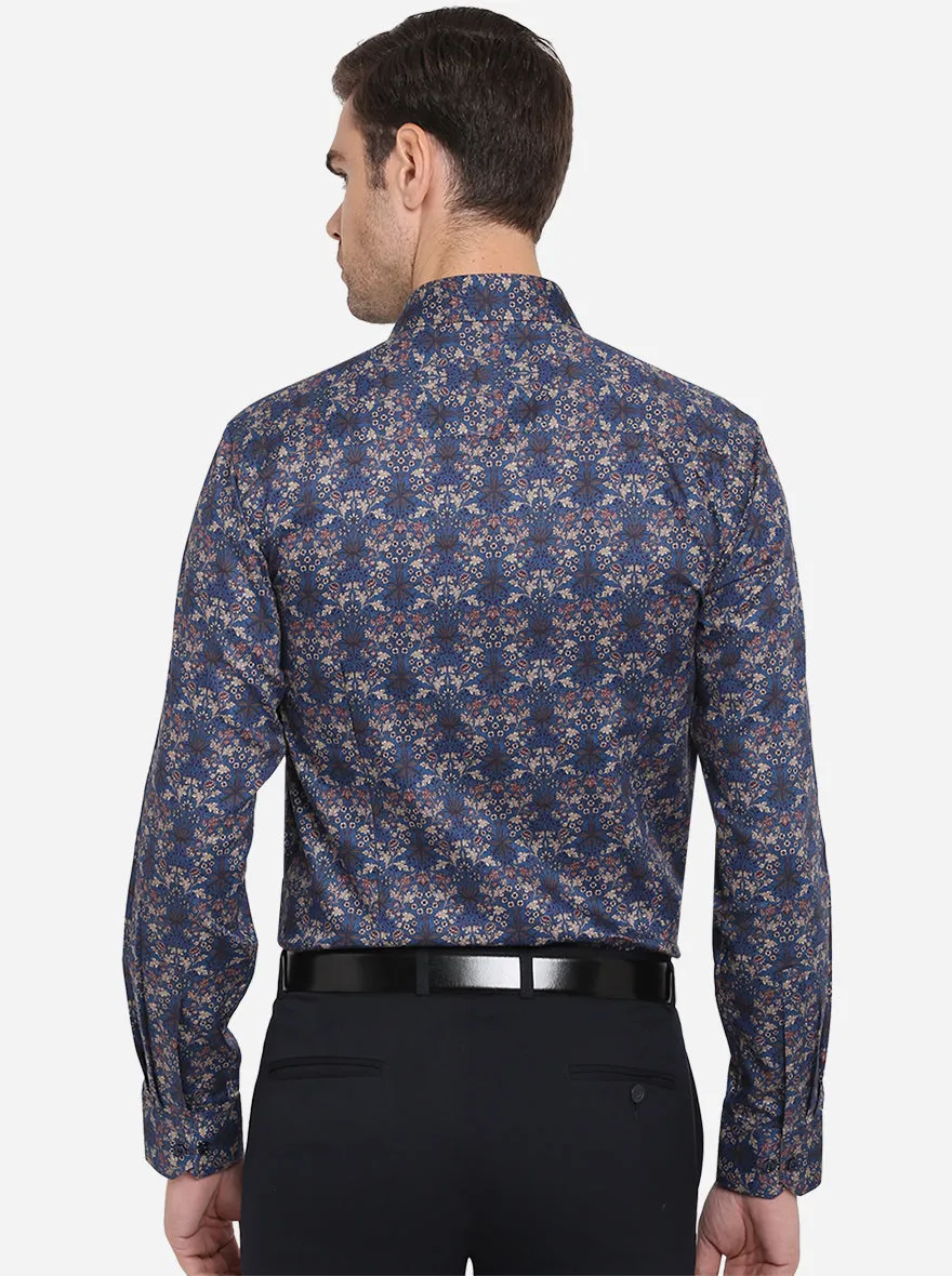 Dark Blue Printed Slim Fit Party Wear Shirt | JB Studio