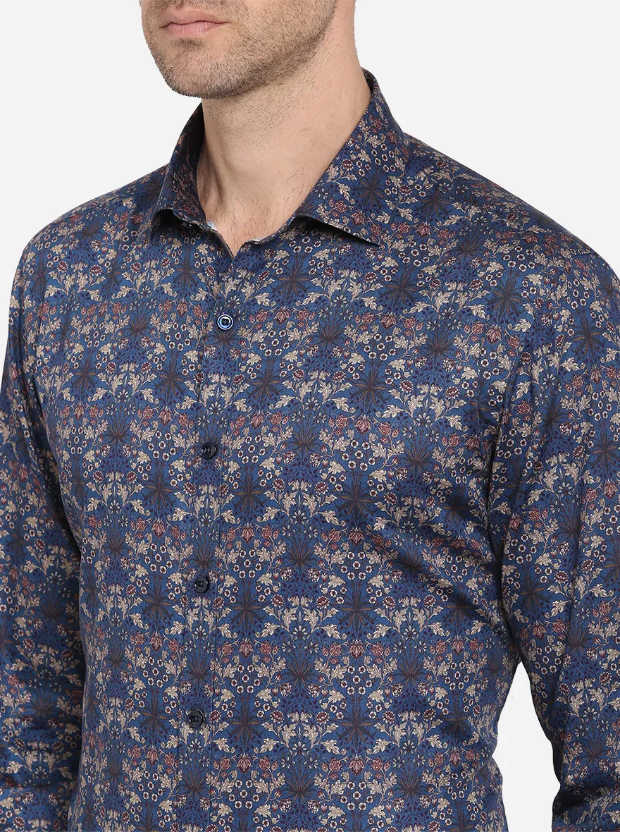 Dark Blue Printed Slim Fit Party Wear Shirt | JB Studio