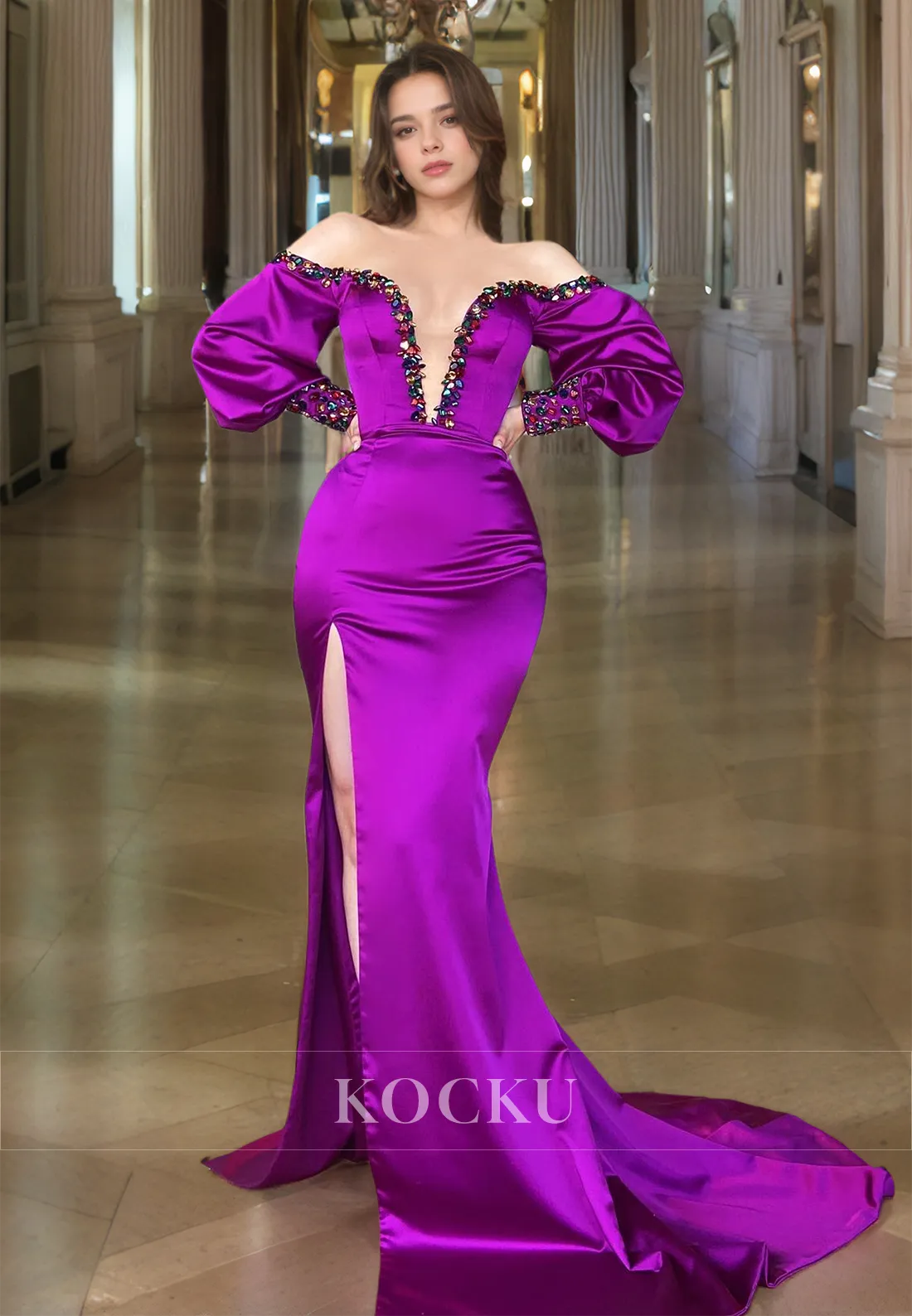 Deep V-Neck Long Sleeves Mermaid Evening Gowns Sweep Train Beaded Satin Prom Dress with High Slit