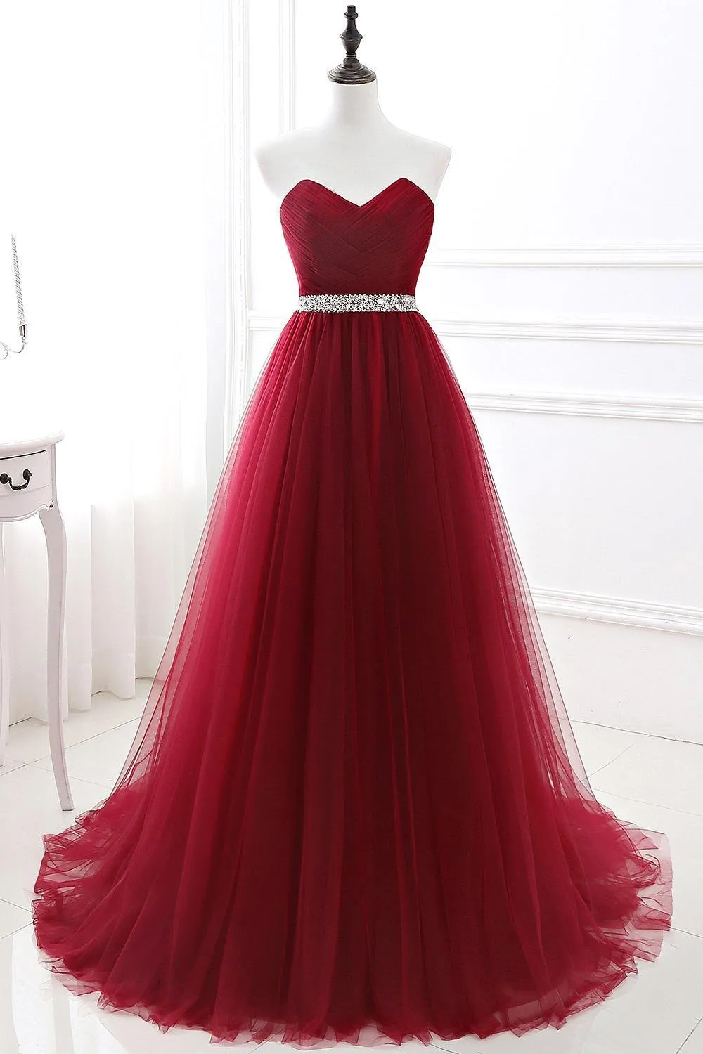 Elegant Burgundy Tulle Evening Dresses | Long Crystal Prom Gowns