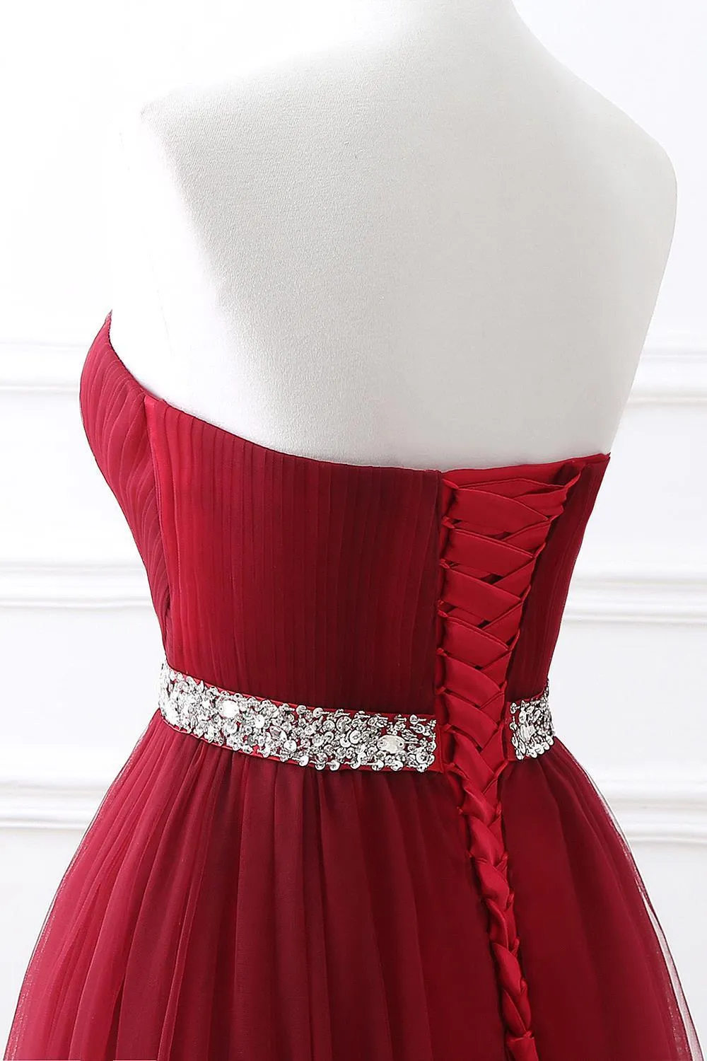 Elegant Burgundy Tulle Evening Dresses | Long Crystal Prom Gowns