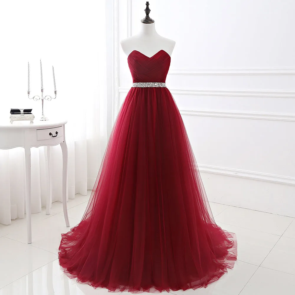 Elegant Burgundy Tulle Evening Dresses | Long Crystal Prom Gowns