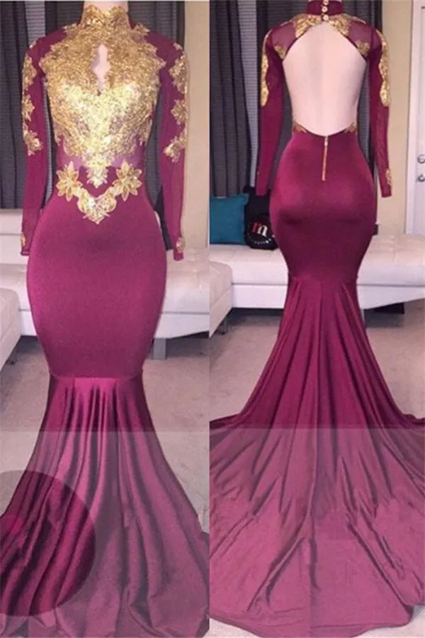 Elegant High-Neck Long-Sleeves Gold-Appliques Backless Prom Dresses