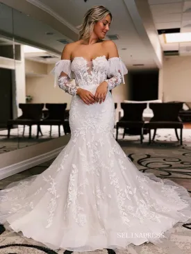 Elegant Mermaid Long Sleeve Lace Wedding Dresses Cheap Rustic Wedding Gowns EWR813