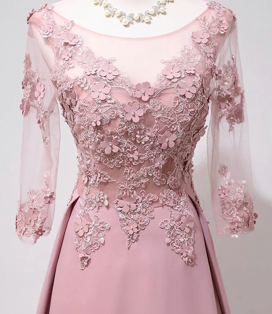 Elegant Pink Long Sleeves Lace Applique Long Party Dress, Pink Prom Dress