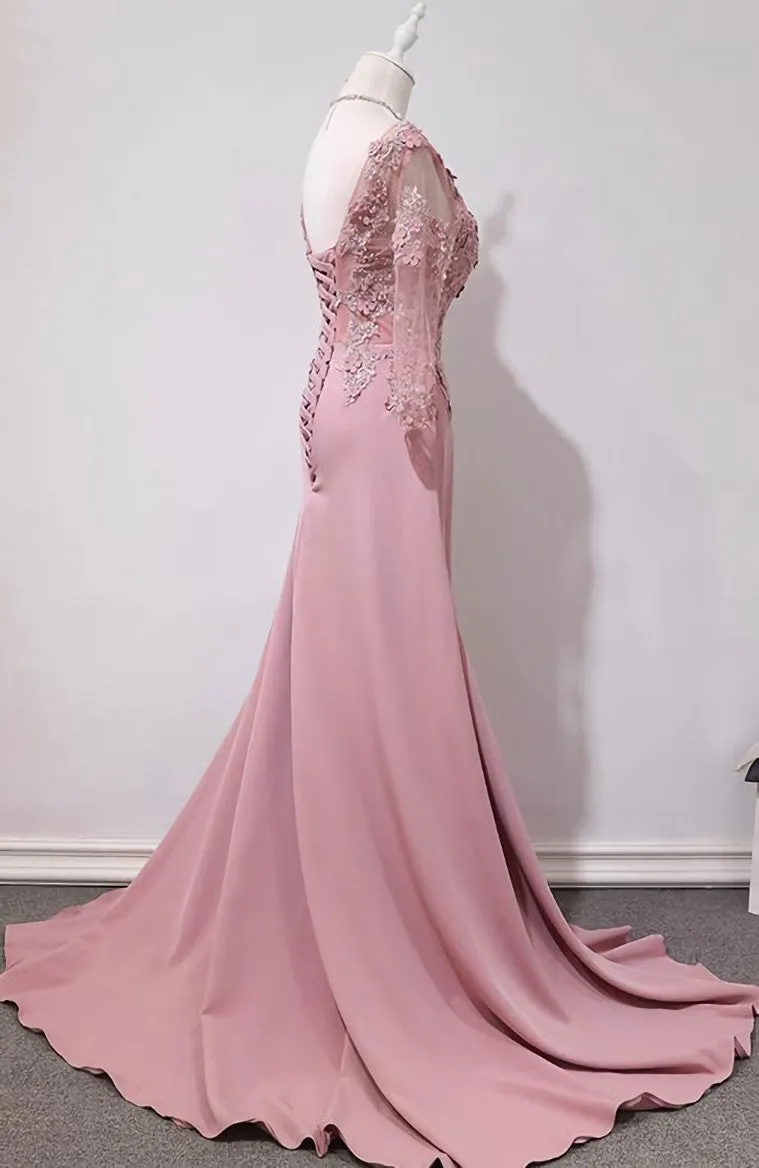 Elegant Pink Long Sleeves Lace Applique Long Party Dress, Pink Prom Dress