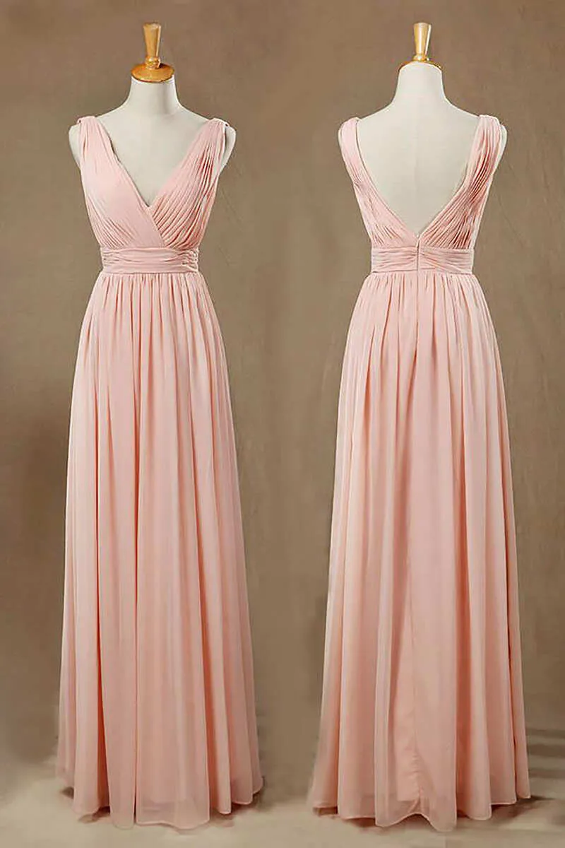 Elegant Plush Pink V-Neck Open Back A-Line Long Bridesmaid Dress