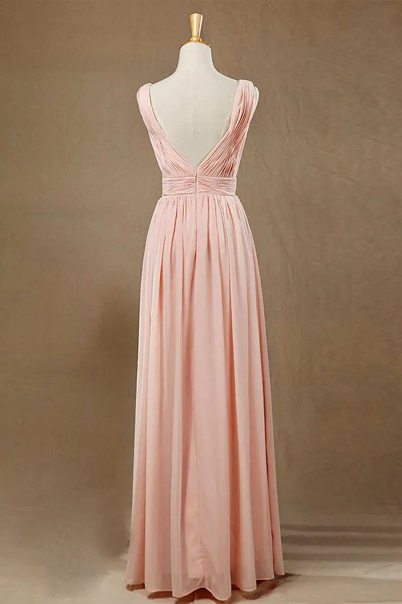 Elegant Plush Pink V-Neck Open Back A-Line Long Bridesmaid Dress