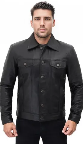 Fernando Men's Button Up Leather Shirt Black