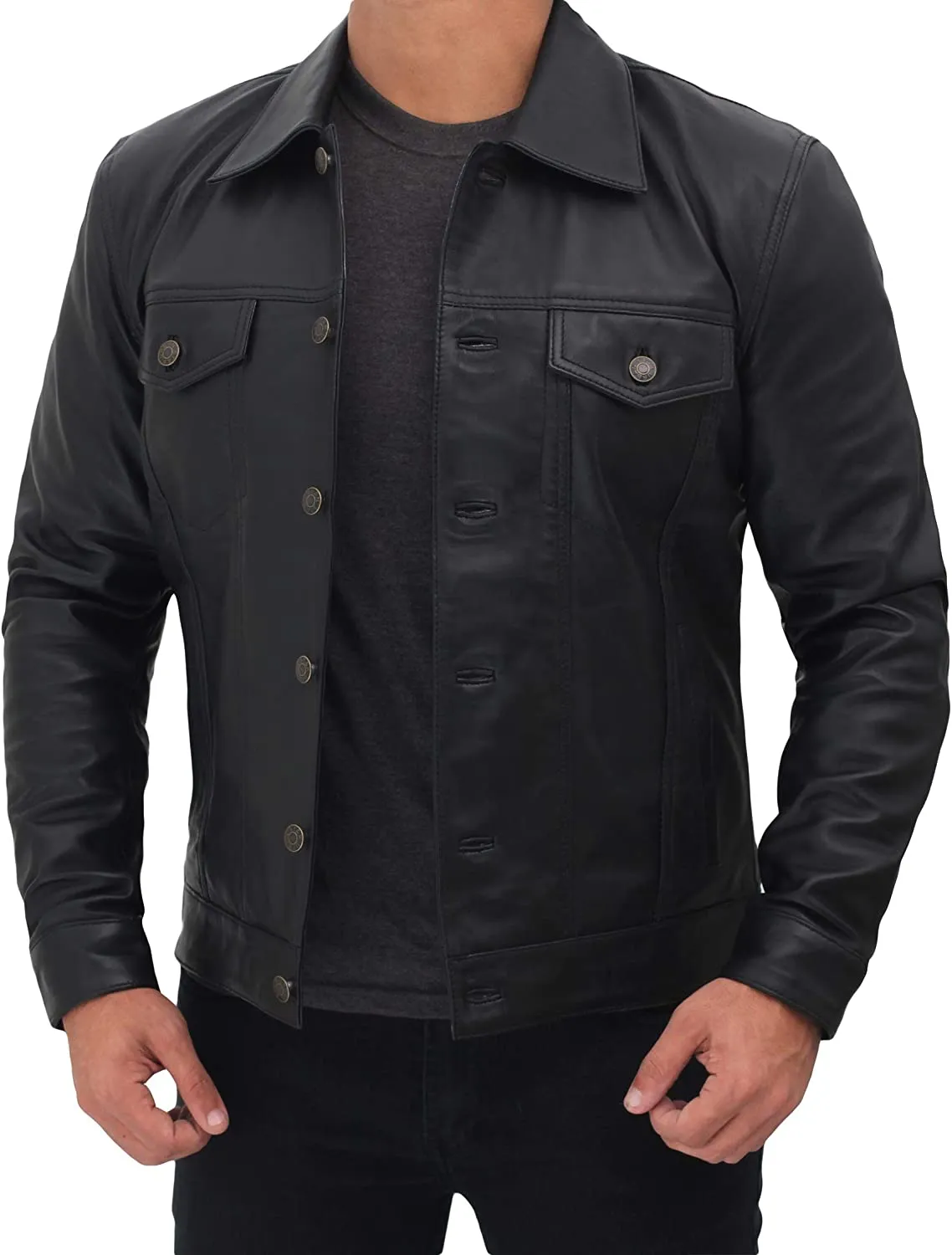 Fernando Men's Button Up Leather Shirt Black