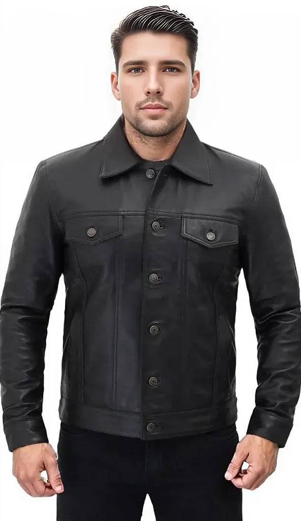 Fernando Men's Button Up Leather Shirt Black