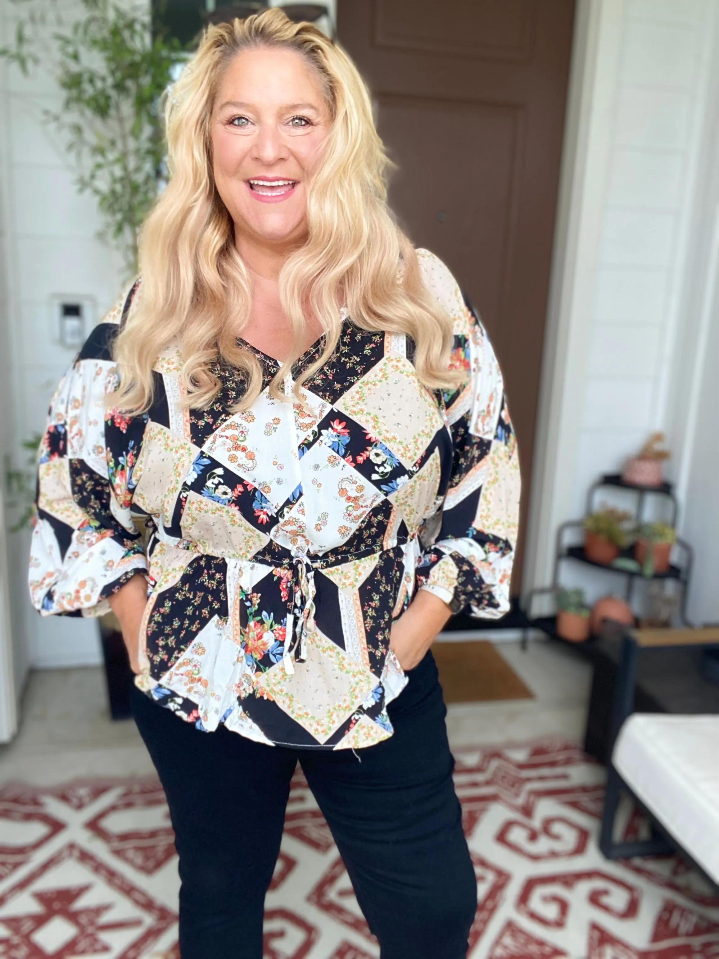 Harlequin Mixed Print Peplum Top