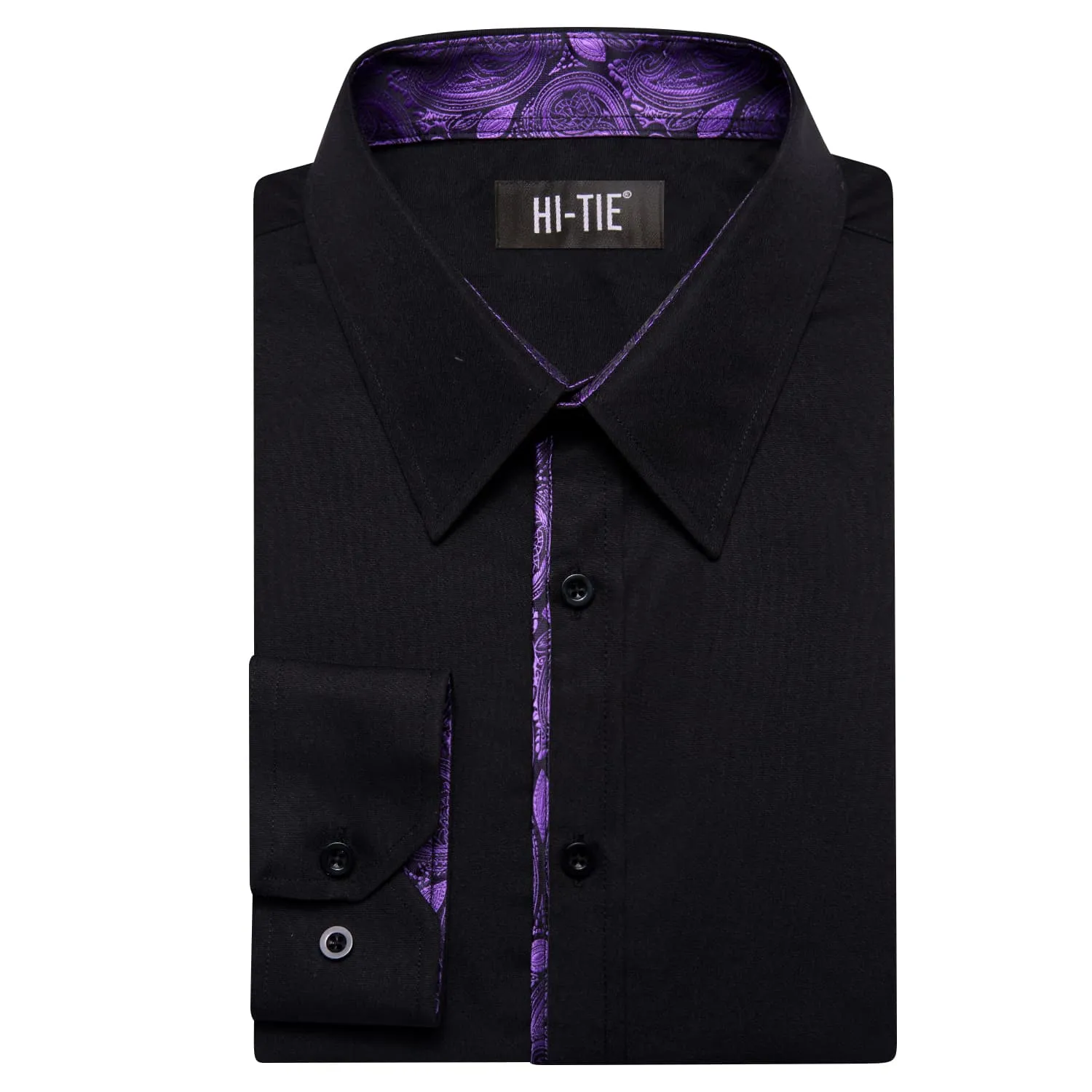 Hi-Tie Black Shirt with Purple Jacquard Collar Solid Shirt