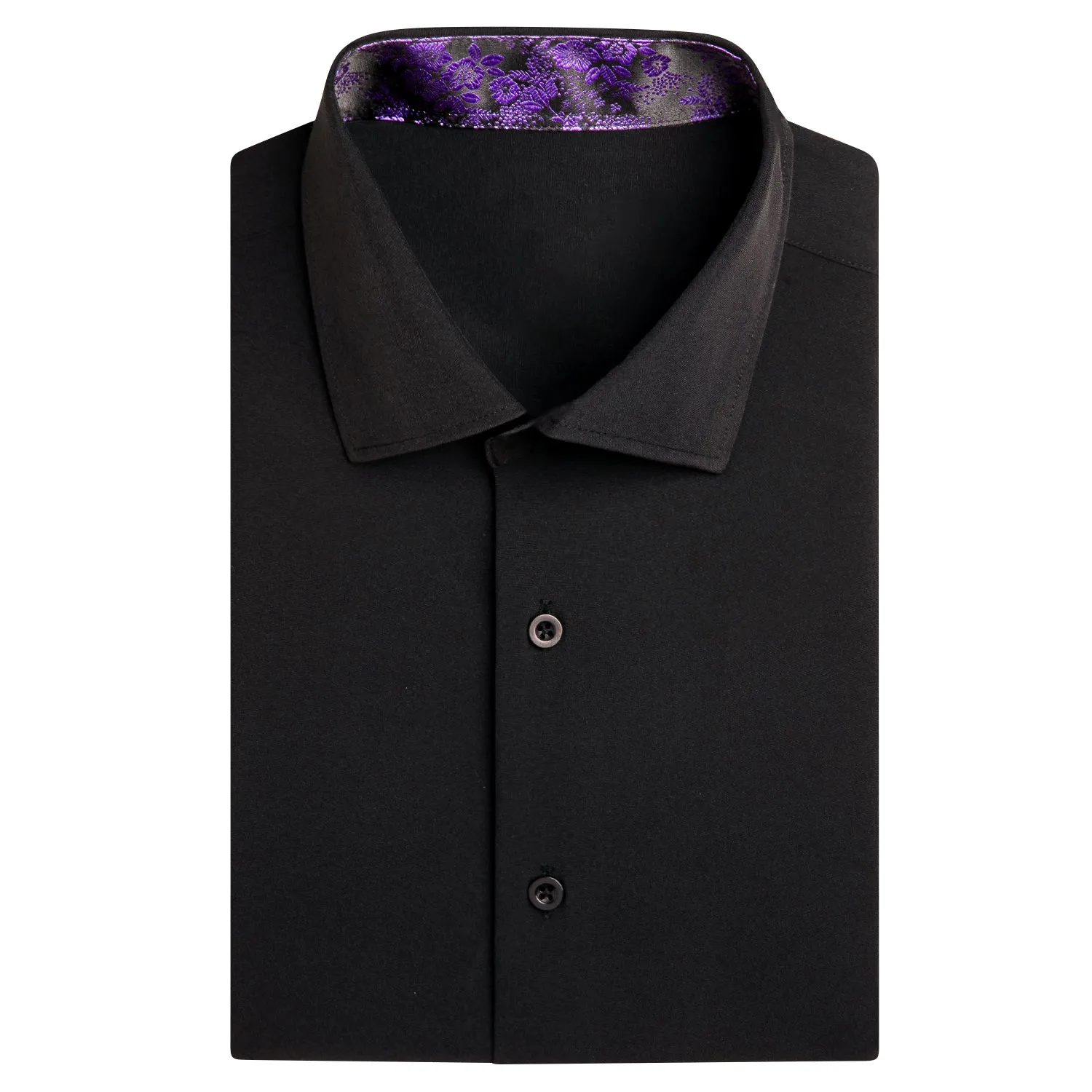 Hi-Tie Black Solid Purple Paisley Collar Silk Men's Short Sleeve Shirt