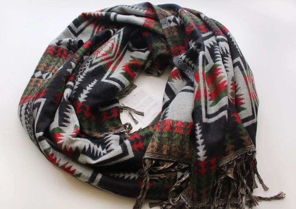 Himalayan Yak Wool Shawl in Black, Red and Green Check Pattern From Nepal