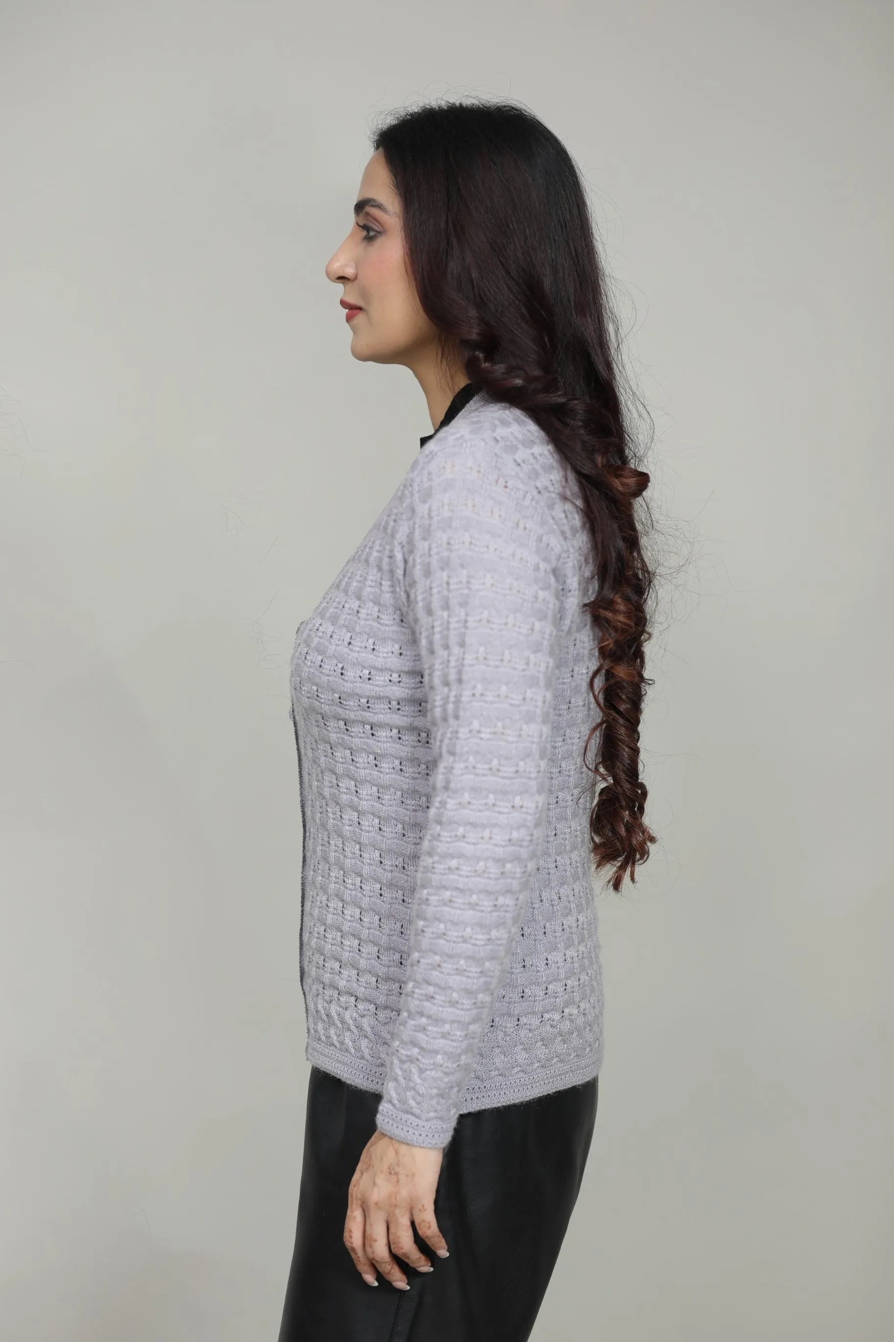 Knitted Self Design V-Neck Sweater