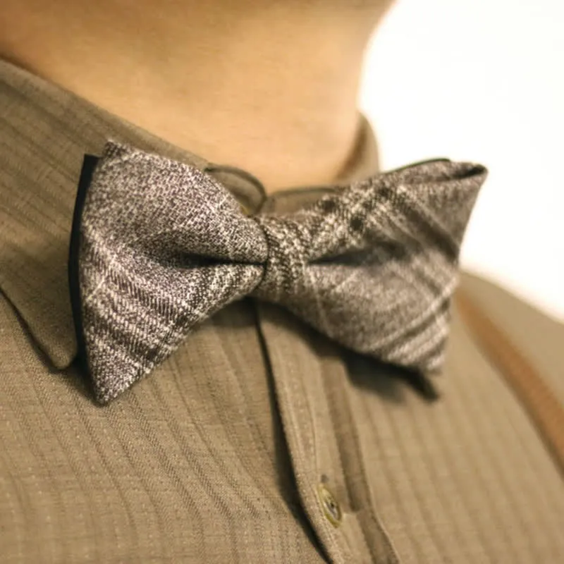 Men's Coffee Brown British Style Plaid Cotton Bow Tie