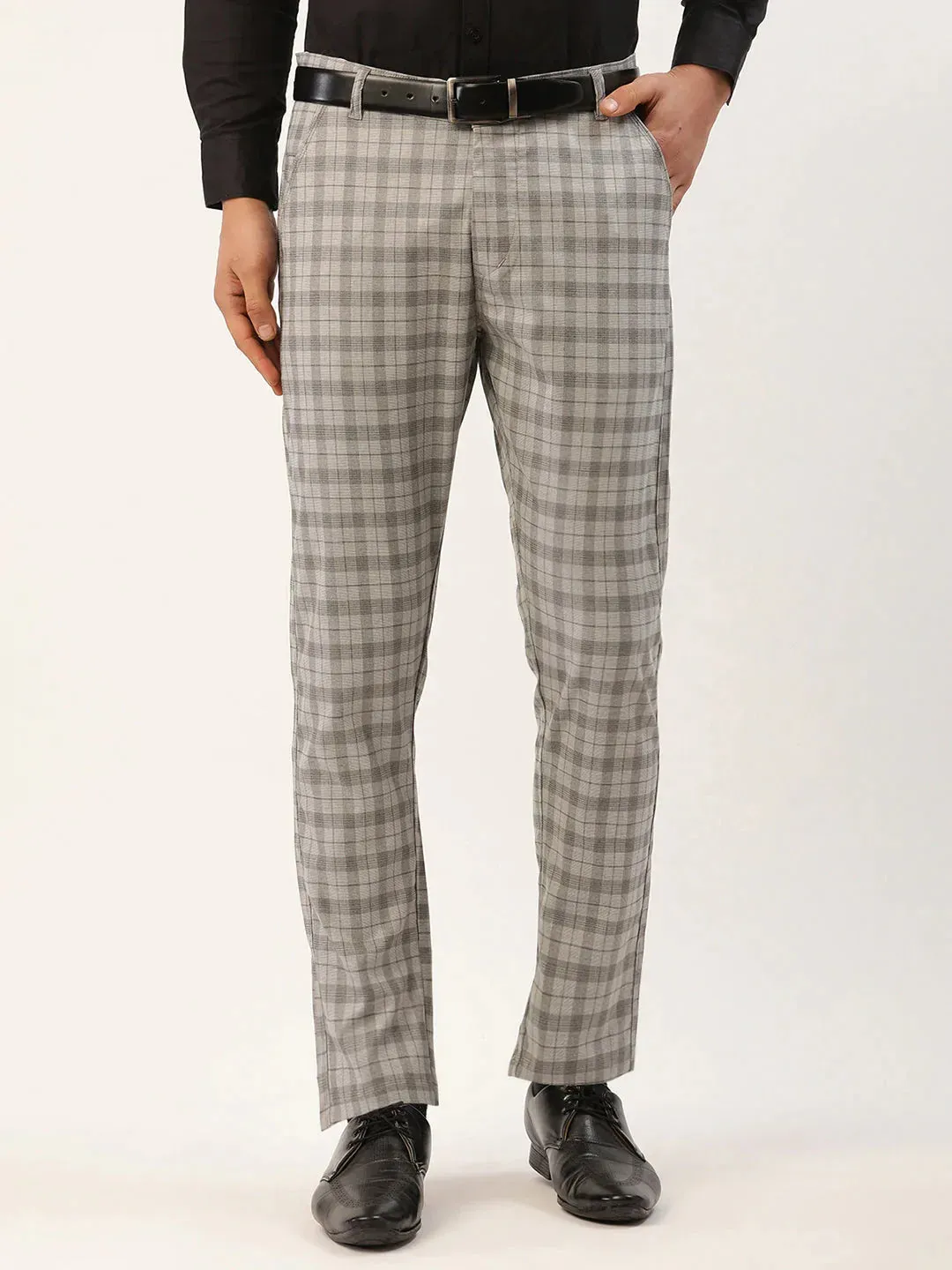 Men'S Grey Tartan Checked Formal Trousers