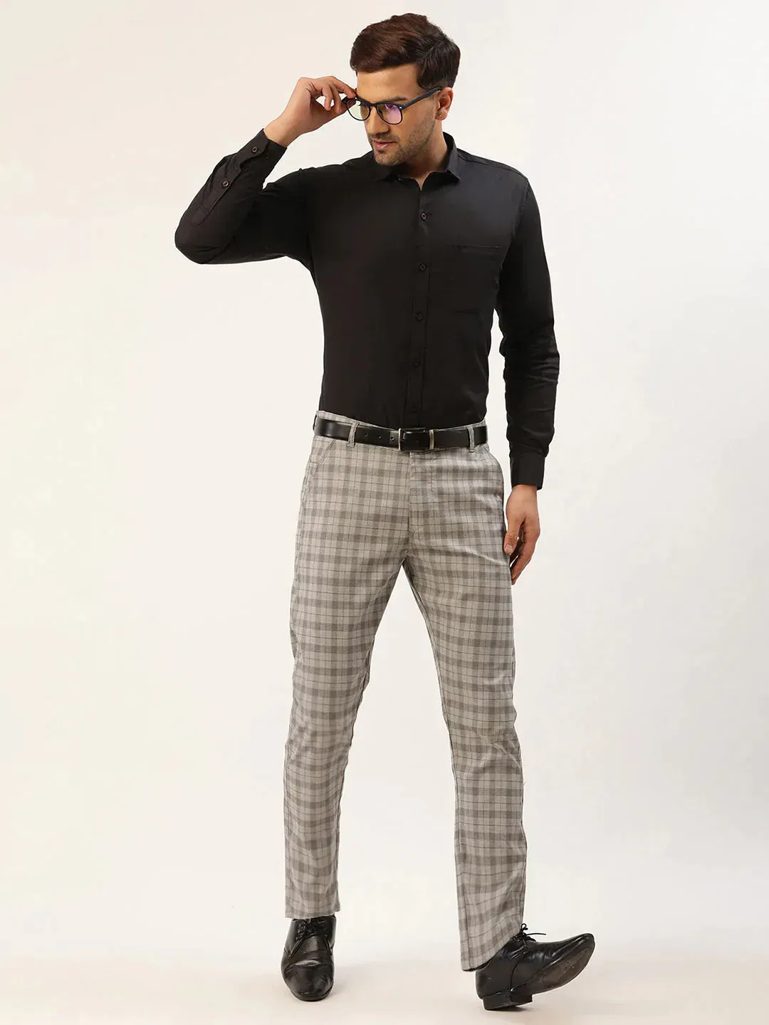 Men'S Grey Tartan Checked Formal Trousers