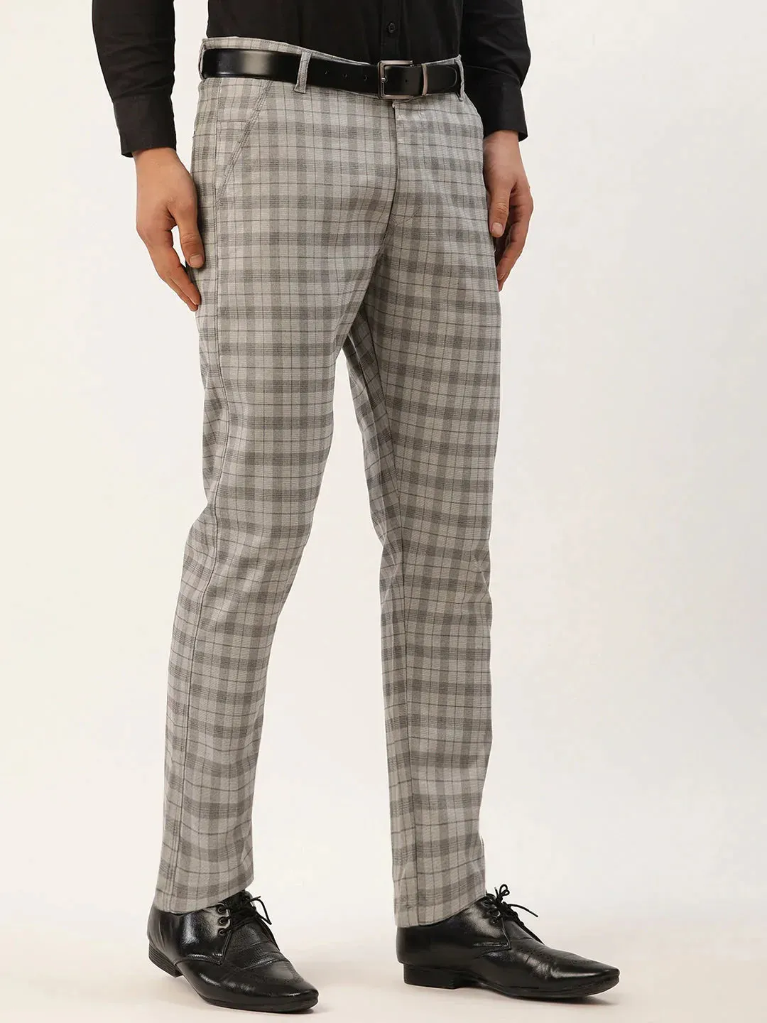 Men'S Grey Tartan Checked Formal Trousers