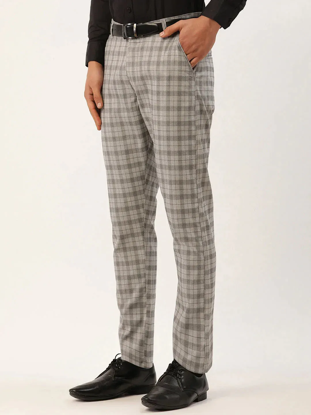 Men'S Grey Tartan Checked Formal Trousers