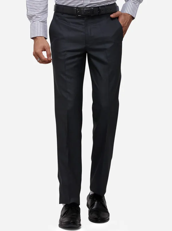 Navy Blue & Black Slim Fit Solid Formal Trouser | Greenfibre