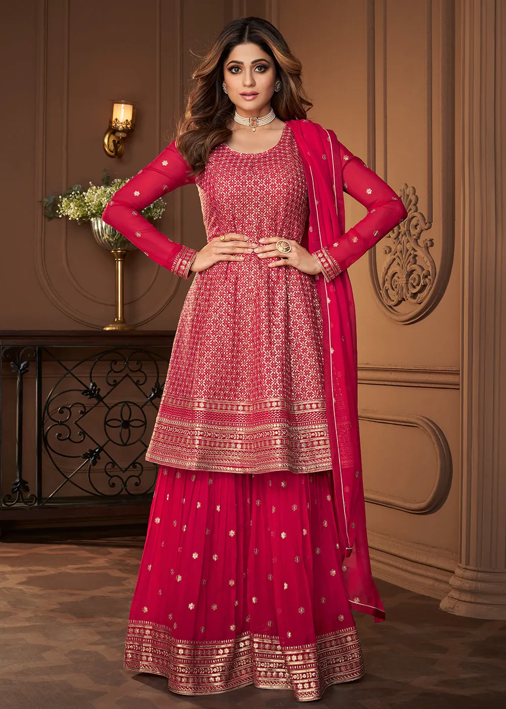 Peplum Designed Pink Embroidered Sharara Suit