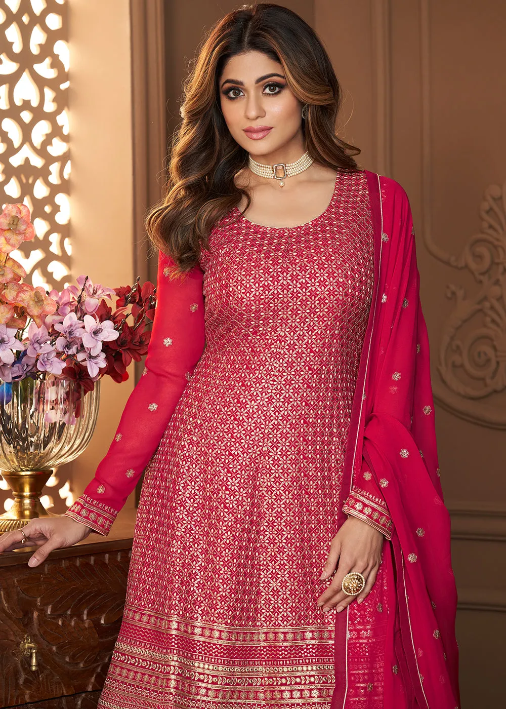 Peplum Designed Pink Embroidered Sharara Suit