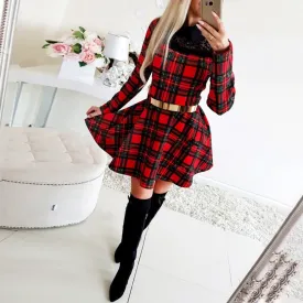 Plaid Lace High Waist Charming Slim Long Sleeve Vestido Mini Dress