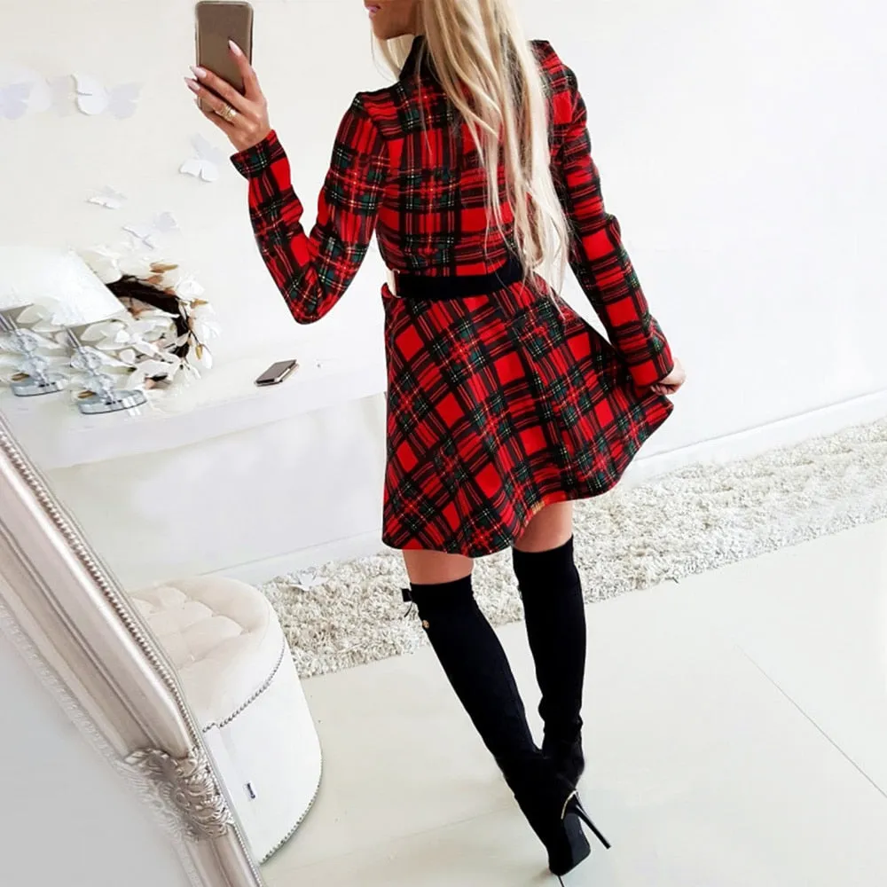 Plaid Lace High Waist Charming Slim Long Sleeve Vestido Mini Dress